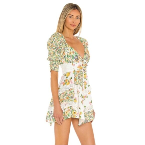 For Love and Lemons Rosalyn Floral Ruffle Mini Dress in Green XXS Cottagecore - Picture 3 of 13